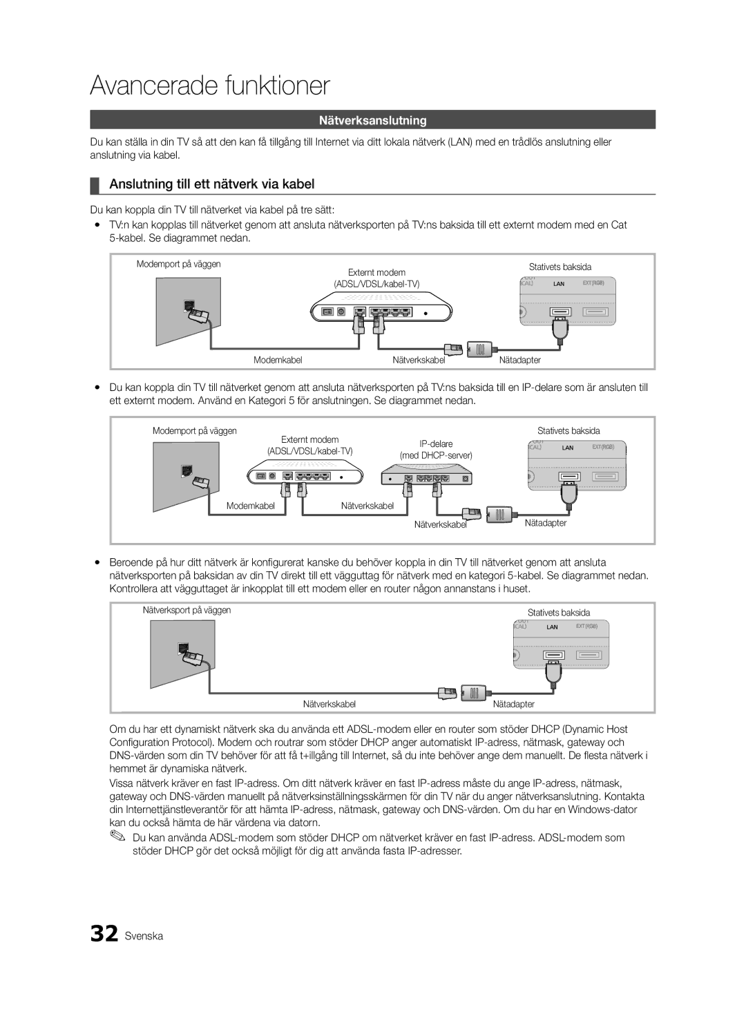 Samsung UE55C9005ZWXXE, UE55C9090SWXZG, UE55C9000ZWXXC manual Anslutning till ett nätverk via kabel, Nätverksanslutning 