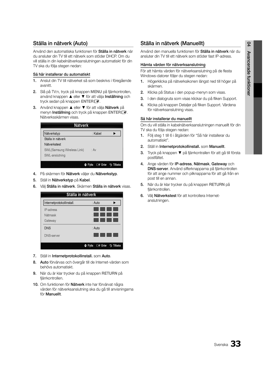 Samsung UE46C9005ZWXXE, UE55C9090SWXZG, UE55C9000ZWXXC manual Ställa in nätverk Auto, Ställa in nätverk Manuellt, Nätverk 