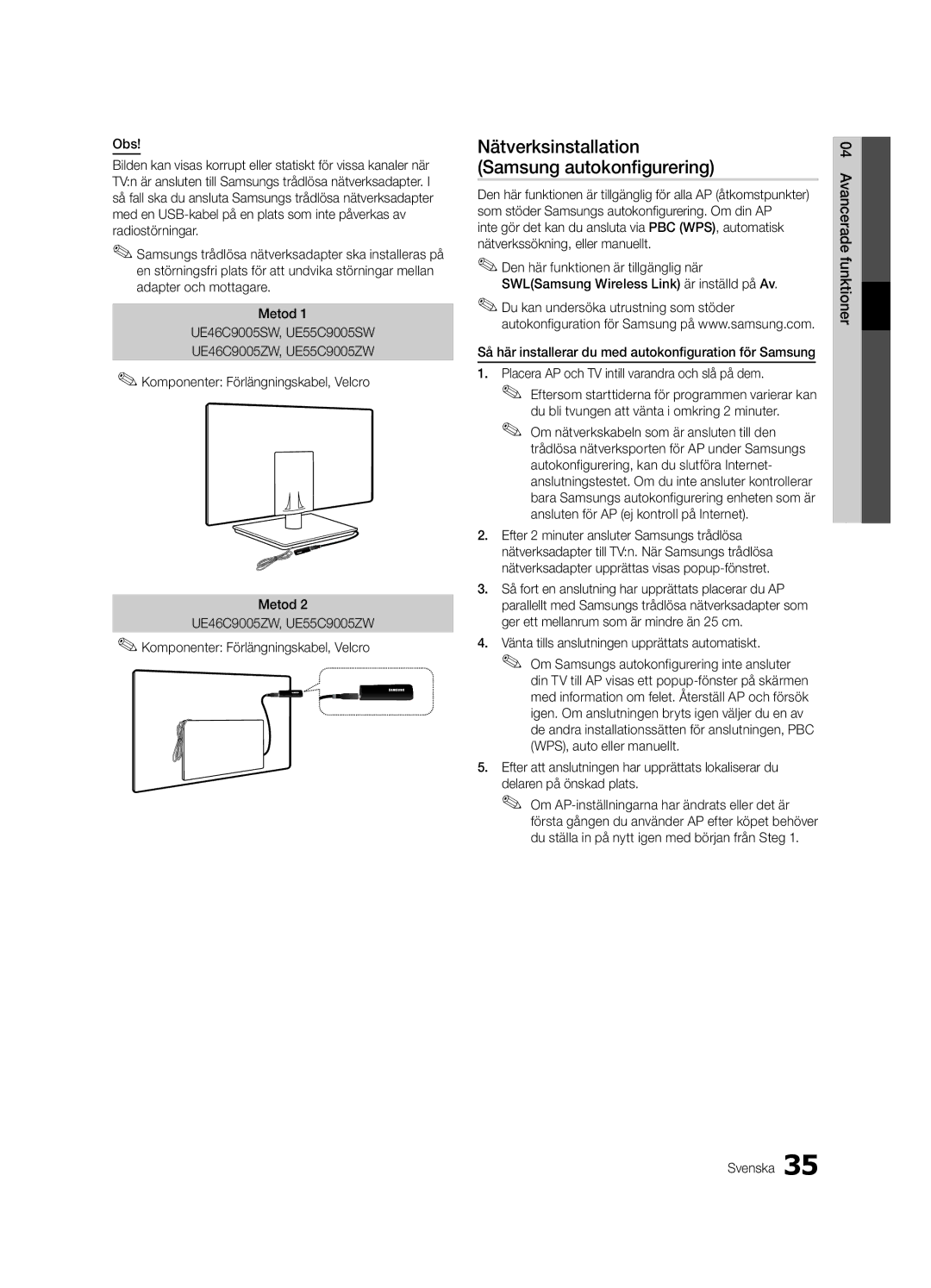 Samsung UE55C9000SWXZG, UE55C9090SWXZG Nätverksinstallation Samsung autokonfigurering, Funktioner04 Avancerade Svenska 