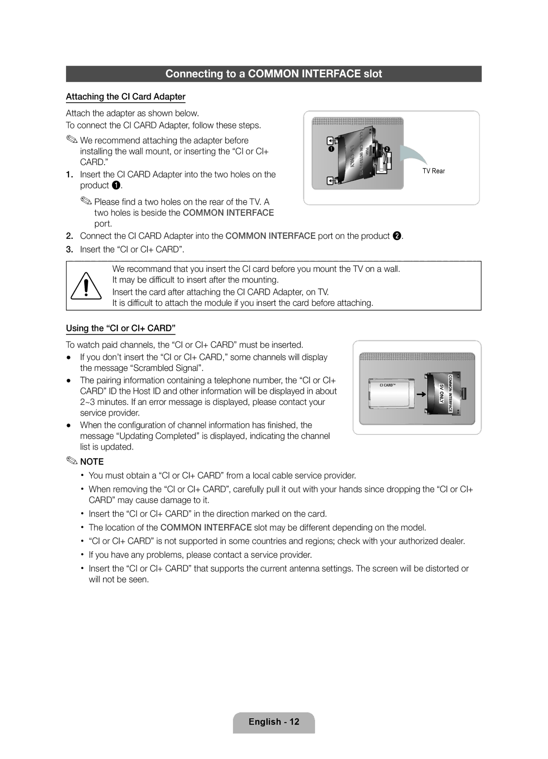 Samsung UE55D6000TPXZT, UE46D6000TPXZT, UE32D6000TPXZT, UE40D6000TPXZT manual Connecting to a Common Interface slot, Mounting 