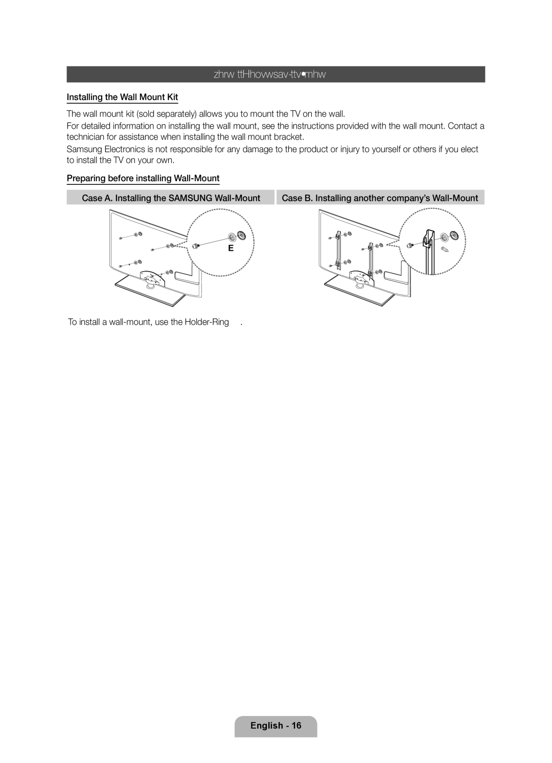 Samsung UE55D6000TPXZT, UE46D6000TPXZT, UE32D6000TPXZT, UE40D6000TPXZT manual Installing the Wall Mount 