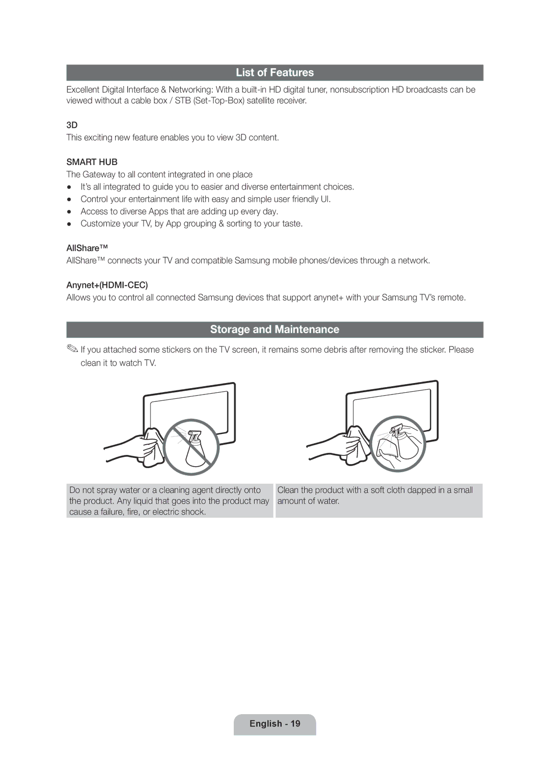 Samsung UE40D6000TPXZT, UE55D6000TPXZT, UE46D6000TPXZT, UE32D6000TPXZT manual List of Features, Storage and Maintenance 