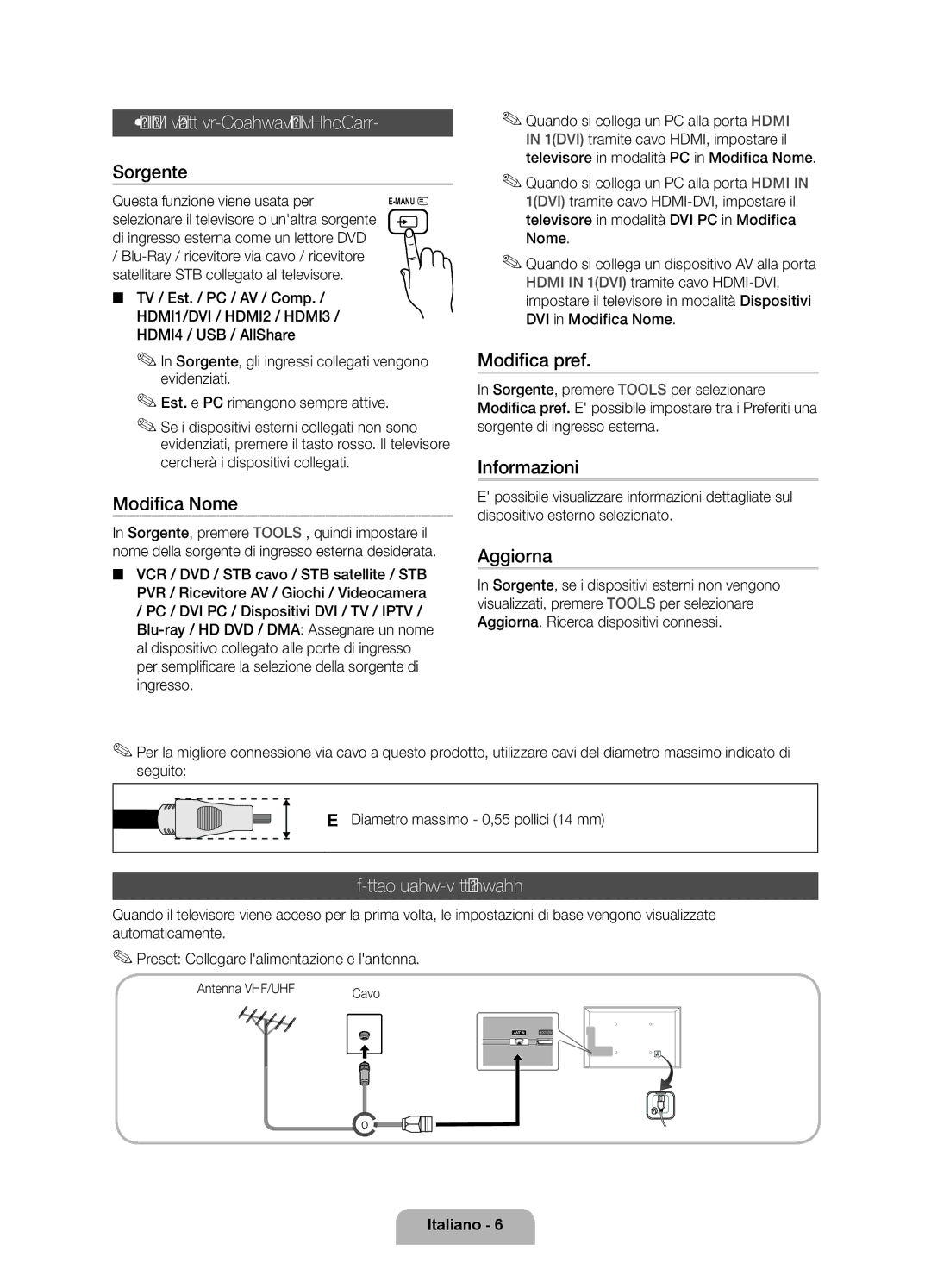 Samsung UE55D6000TPXZT, UE46D6000TPXZT, UE32D6000TPXZT manual Modifica della sorgente di ingresso, Collegamento allantenna 