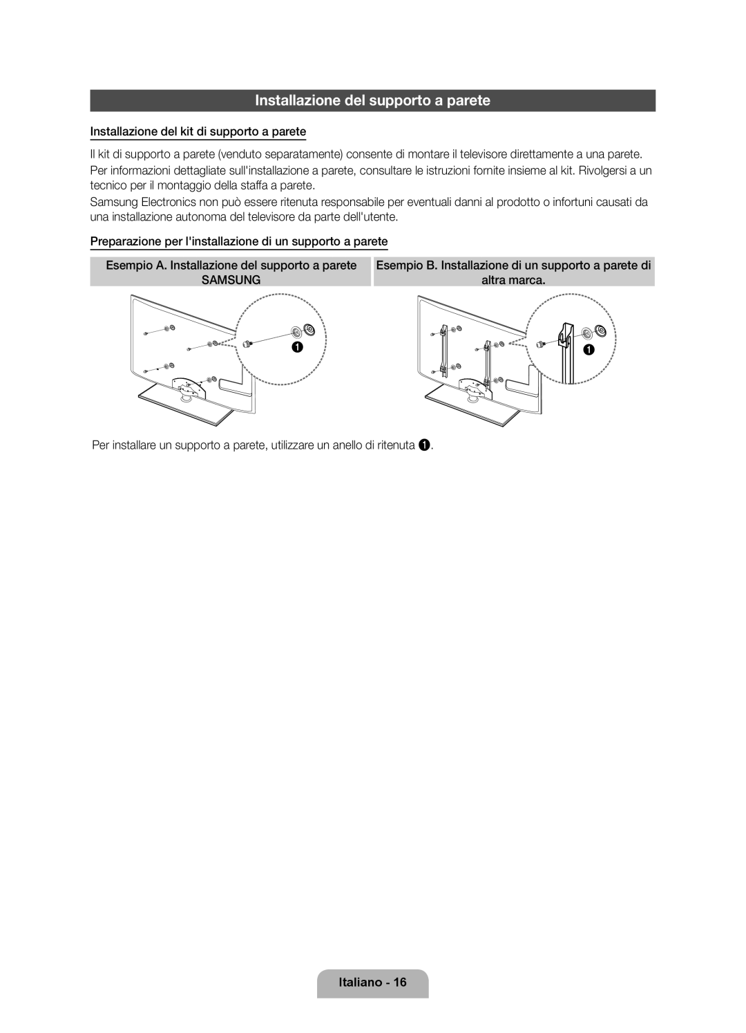 Samsung UE32D6000TPXZT, UE55D6000TPXZT, UE46D6000TPXZT, UE40D6000TPXZT manual Installazione del supporto a parete, Samsung 