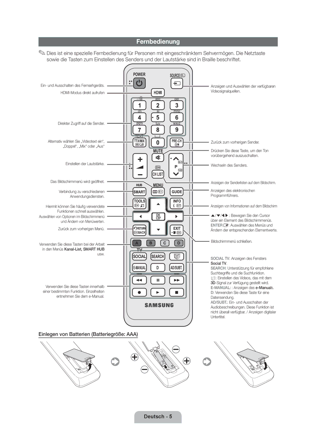 Samsung UE46D6000TPXZT, UE55D6000TPXZT, UE32D6000TPXZT manual Fernbedienung, Einlegen von Batterien Batteriegröße AAA 