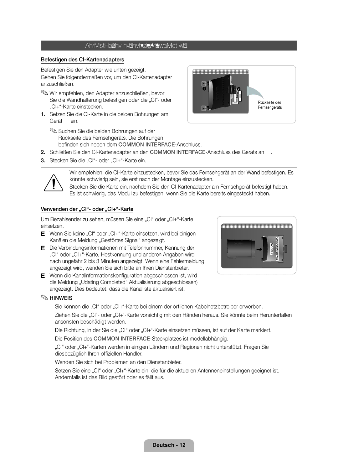 Samsung UE55D6000TPXZT Anschließen an den Common INTERFACE-Steckplatz, Befinden sich neben dem Common INTERFACE-Anschluss 