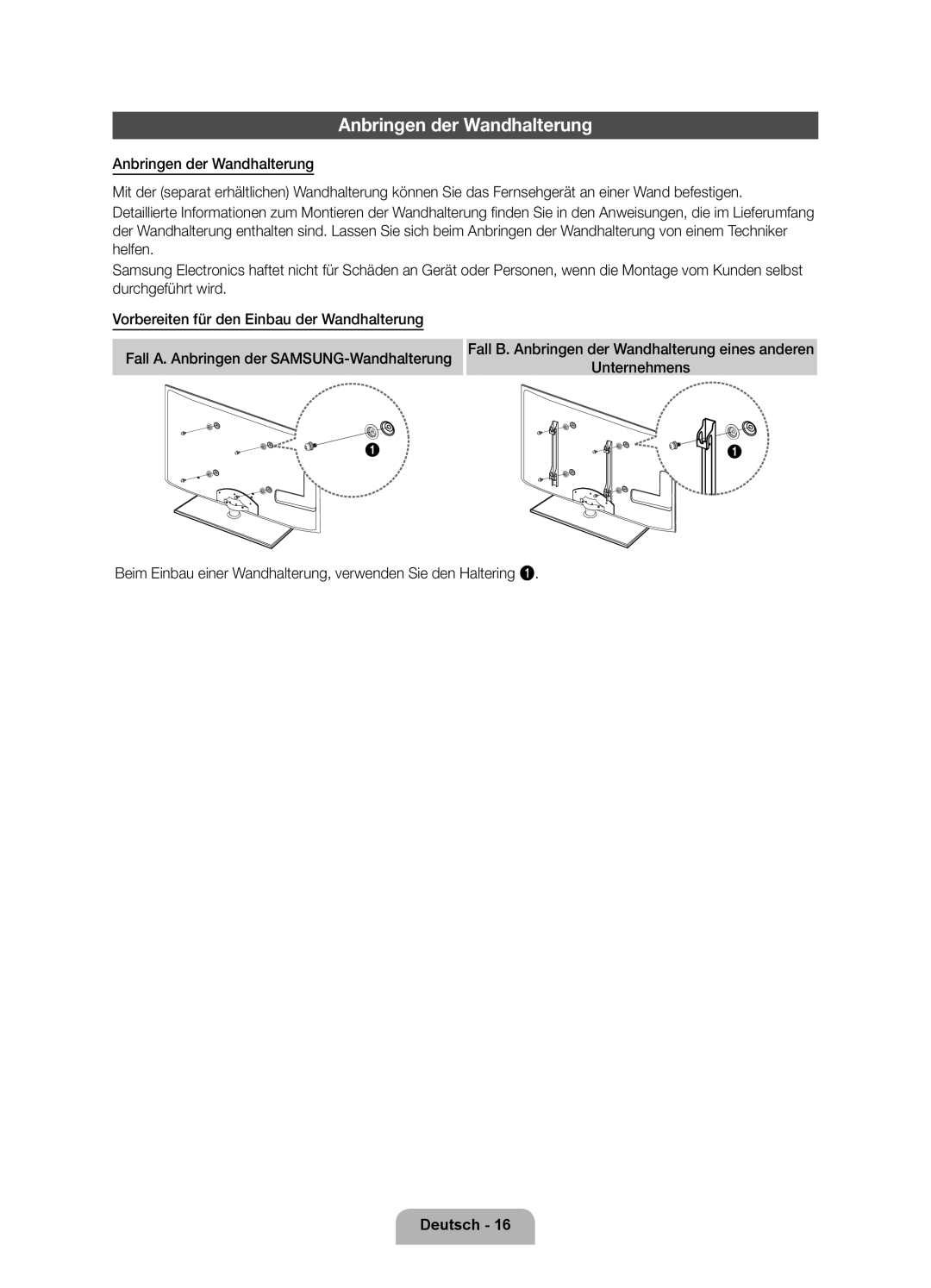 Samsung UE55D6000TPXZT, UE46D6000TPXZT, UE32D6000TPXZT, UE40D6000TPXZT manual Anbringen der Wandhalterung 