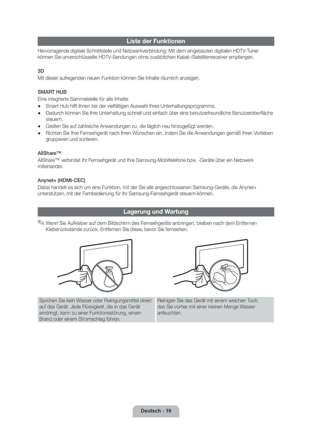 Samsung UE40D6000TPXZT, UE55D6000TPXZT, UE46D6000TPXZT, UE32D6000TPXZT manual Liste der Funktionen, Lagerung und Wartung 