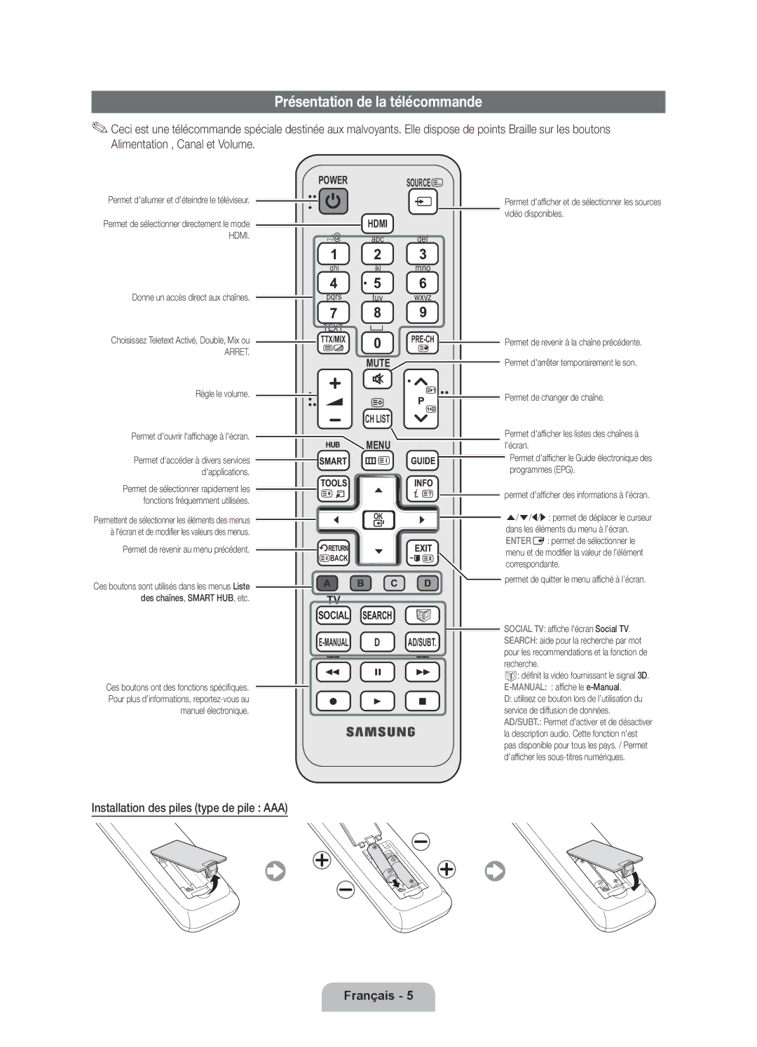 Samsung UE46D6000TPXZT, UE55D6000TPXZT manual Présentation de la télécommande, Installation des piles type de pile AAA 