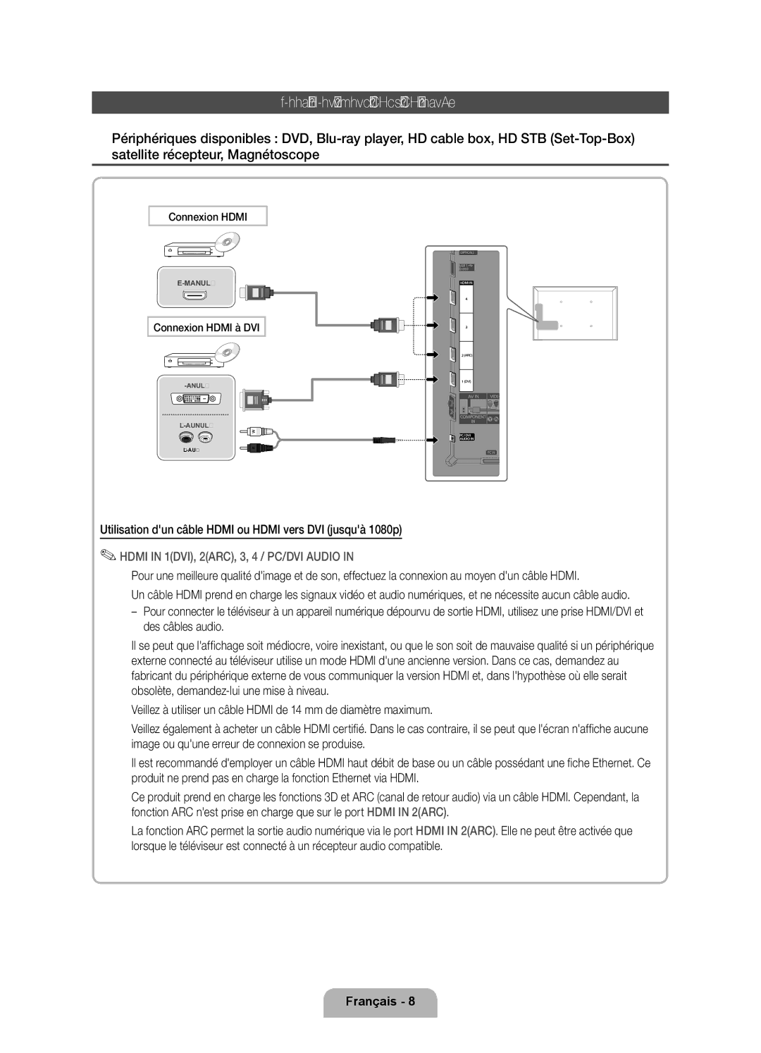 Samsung UE55D6000TPXZT manual Connexion à un périphérique AV, Utilisation dun câble Hdmi ou Hdmi vers DVI jusquà 1080p 