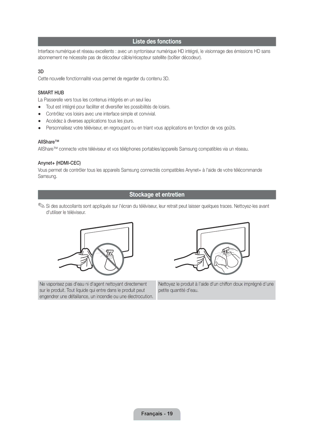 Samsung UE40D6000TPXZT, UE55D6000TPXZT, UE46D6000TPXZT, UE32D6000TPXZT manual Liste des fonctions, Stockage et entretien 