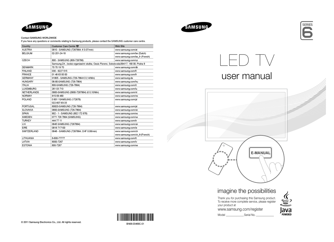 Samsung UE46D6000TPXZT, UE55D6000TPXZT manual Model Serial No, Led Tv, user manual, imagine the possibilities, E-Manual 