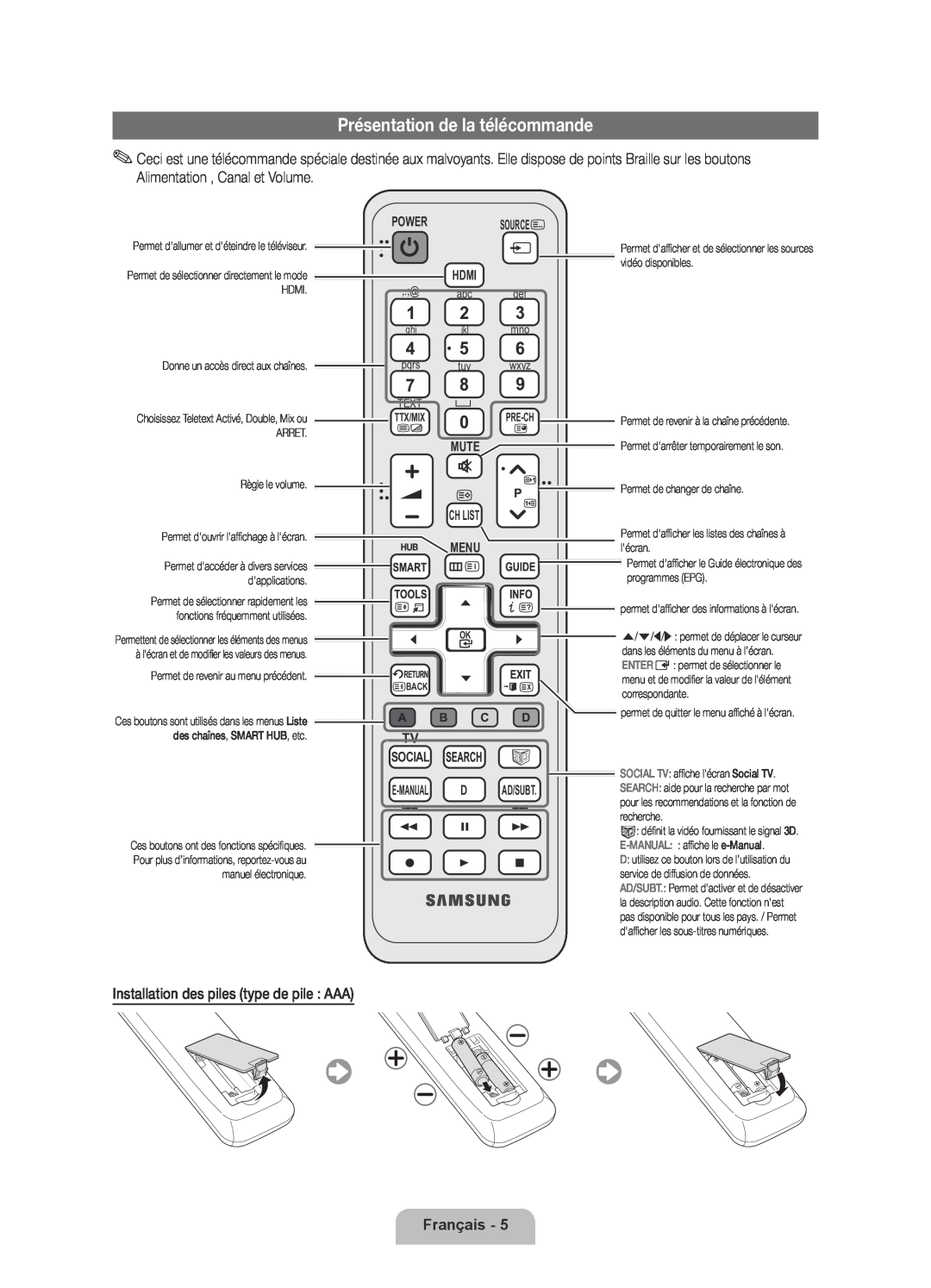 Samsung UE46D6000TPXZT Présentation de la télécommande, Français, Source, Menu, Tv Social E-Manual D, Ad/Subt, Ch List 