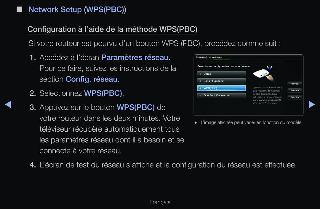 Samsung UE32D6500VQXZT, UE55D6200TSXZF manual Sélectionnez Wpspbc, Appuyez sur le bouton Wpspbc de, Connecte à votre réseau 