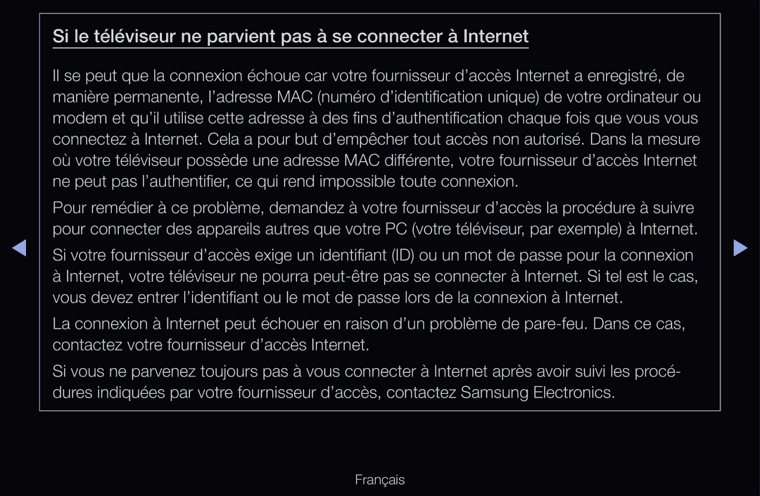 Samsung UE46D6200TSXZG, UE55D6200TSXZF, UE46D6200TSXZF manual Si le téléviseur ne parvient pas à se connecter à Internet 