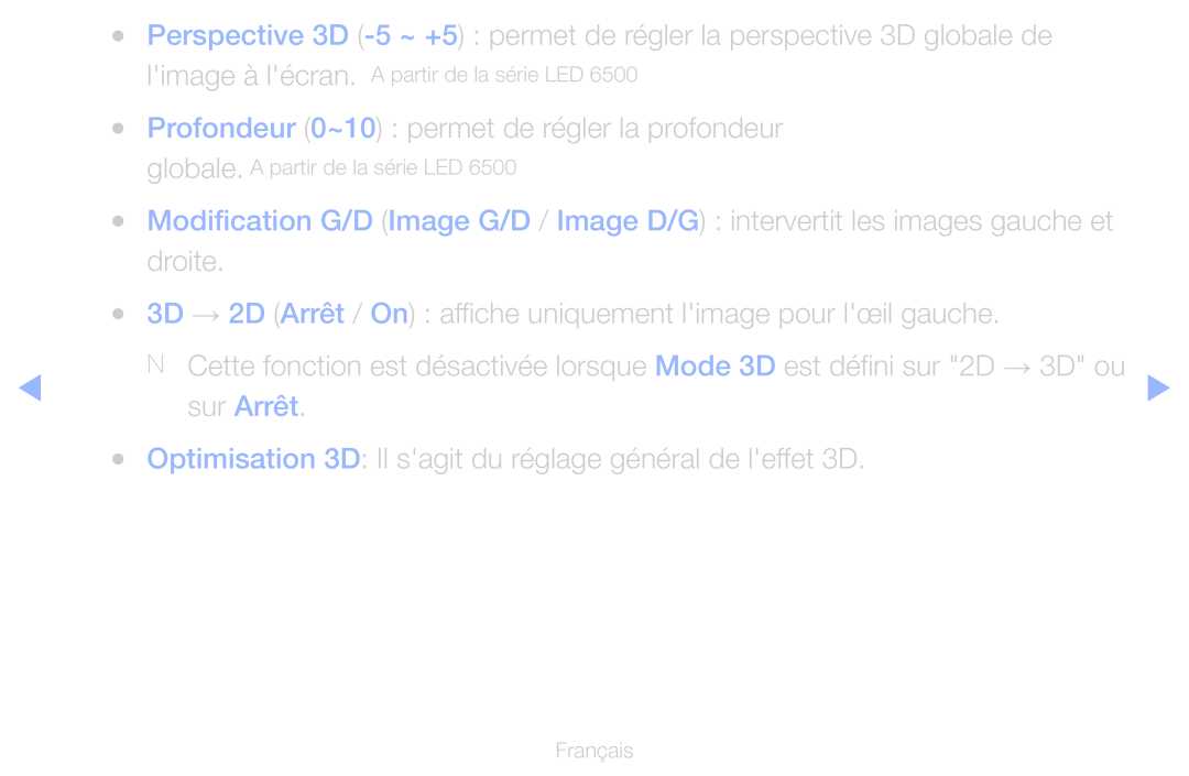 Samsung UE55D6300SSXZF, UE55D6200TSXZF, UE46D6200TSXZF, UE40D6530WSXZF manual Profondeur 0~10 permet de régler la profondeur 
