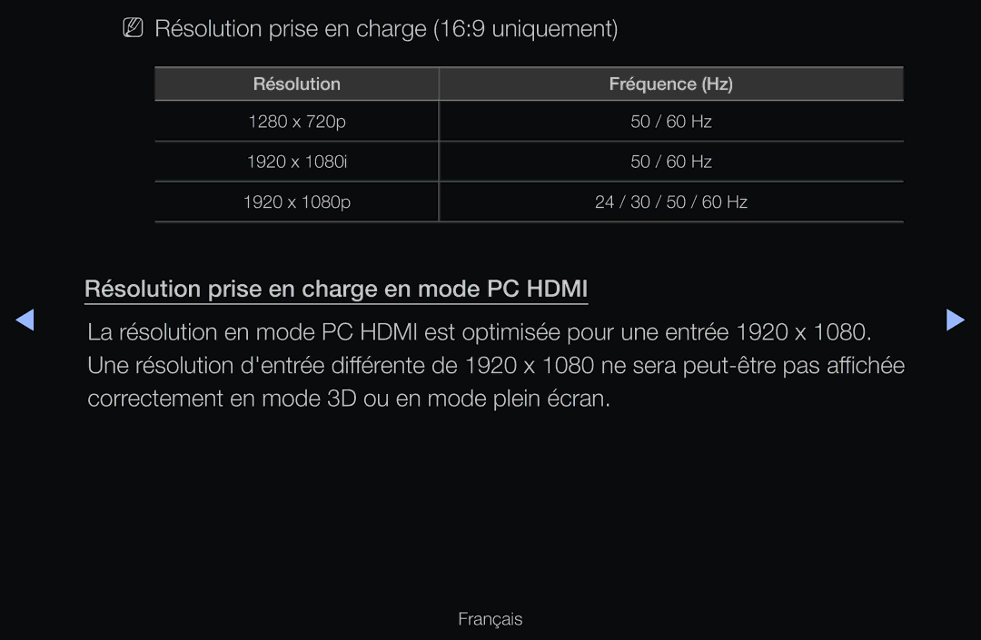 Samsung UE32D6570WSXZF manual NN Résolution prise en charge 169 uniquement, Correctement en mode 3D ou en mode plein écran 