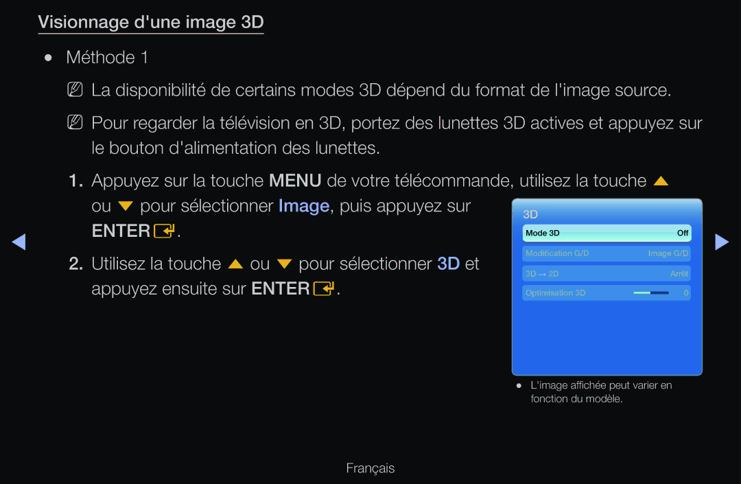 Samsung UE46D6570WSXZF, UE55D6200TSXZF manual Utilisez la touche u ou d pour sélectionner 3D et, Appuyez ensuite sur Entere 