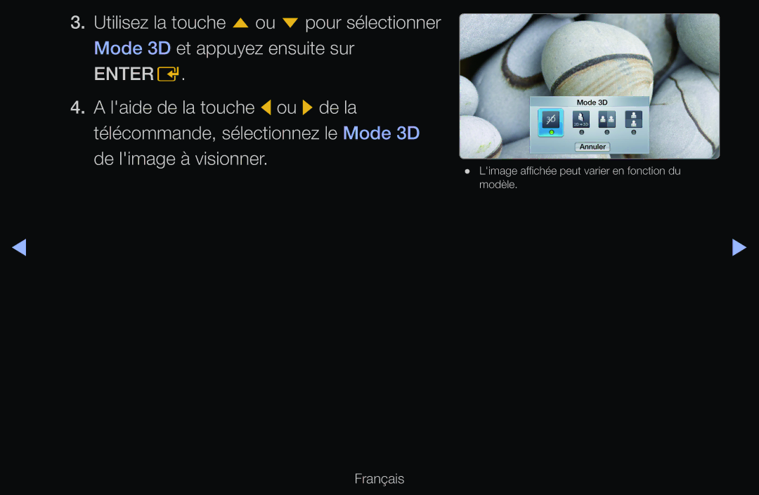 Samsung UE60D6500VSXZF, UE55D6200TSXZF, UE46D6200TSXZF, UE40D6530WSXZF, UE40D6510WSXZF, UE37D6200TSXZF manual Mode 3D Annuler 