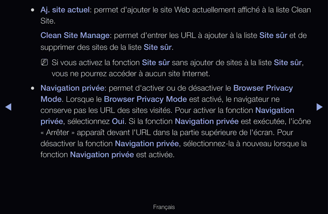 Samsung UE46D6570WSXZF manual Supprimer des sites de la liste Site sûr, Fonction Navigation privée est activée 