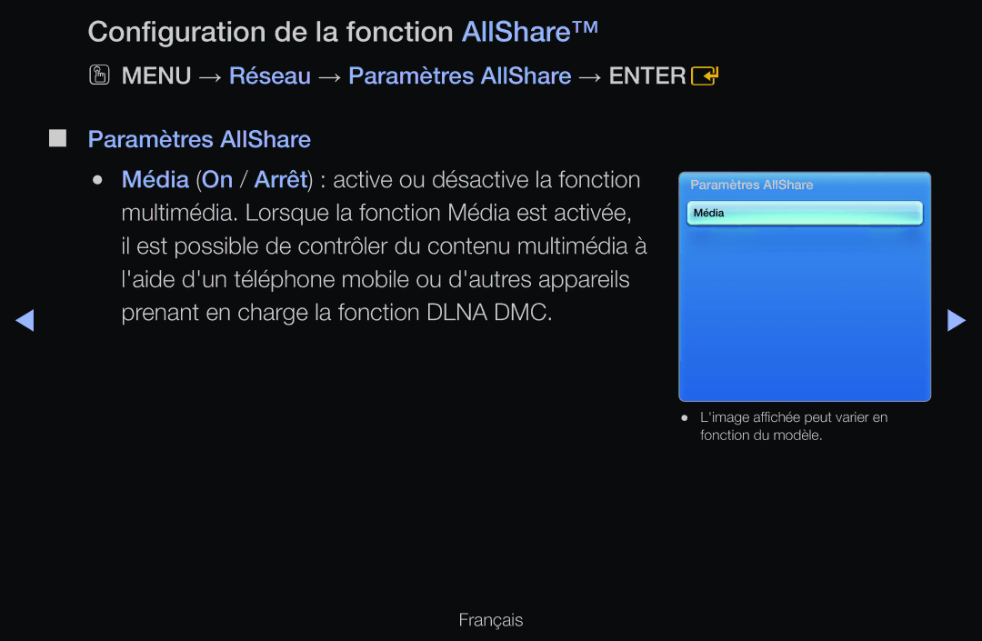 Samsung UE46D6300SSXZF, UE55D6200TSXZF manual Configuration de la fonction AllShare, Prenant en charge la fonction Dlna DMC 