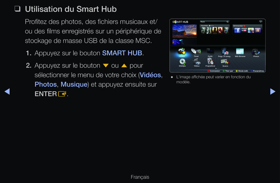 Samsung UE40D6500VHXXC, UE55D6200TSXZF, UE46D6200TSXZF manual Utilisation du Smart Hub, Appuyez sur le bouton Smart HUB 