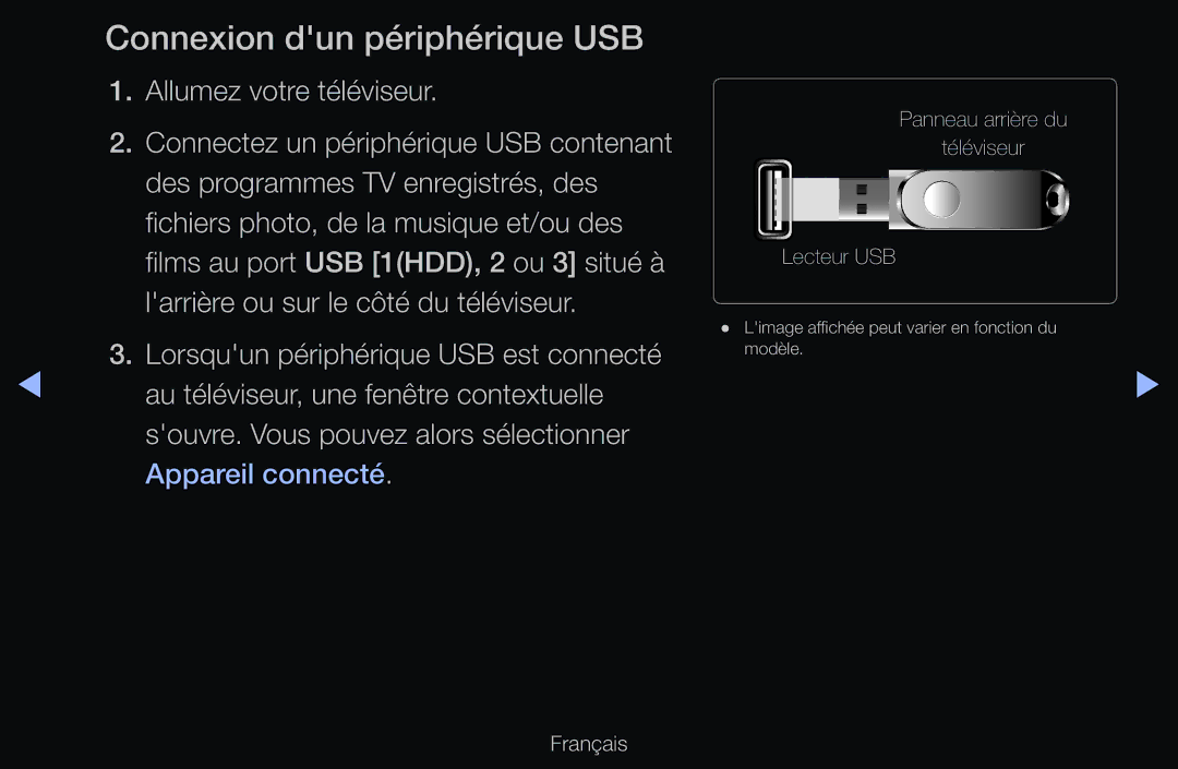 Samsung UE40D6300SSXZF, UE55D6200TSXZF, UE46D6200TSXZF manual Connexion dun périphérique USB, Allumez votre téléviseur 