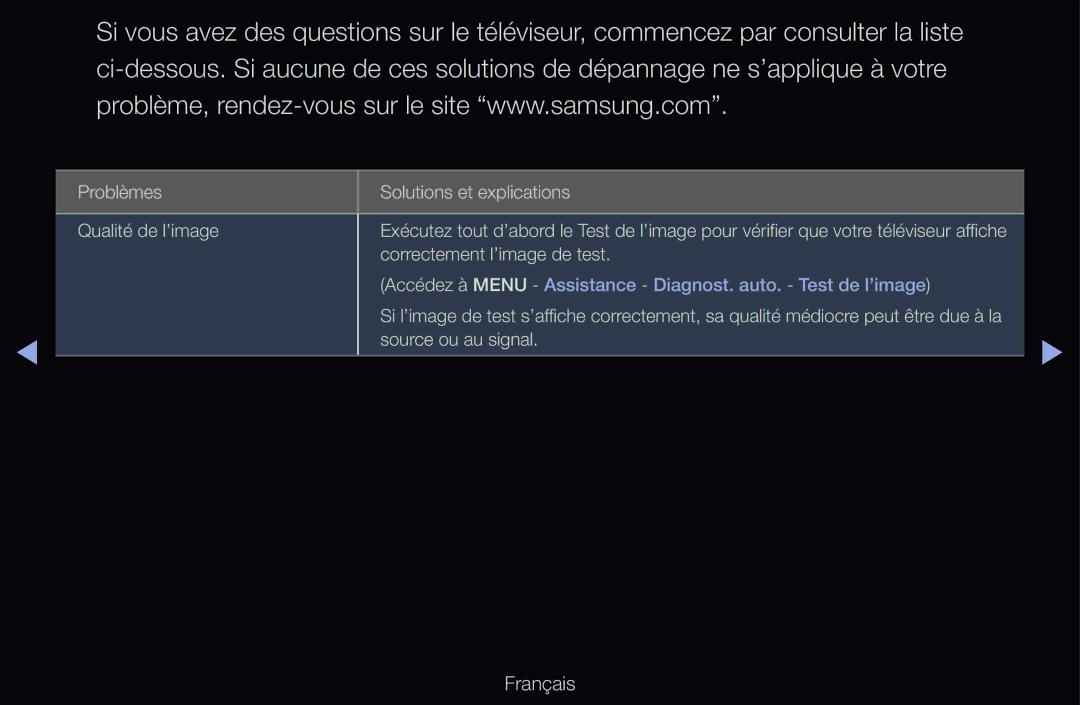 Samsung UE32D6500VSXZF, UE55D6200TSXZF, UE46D6200TSXZF manual Problèmes Solutions et explications Qualité de l’image 