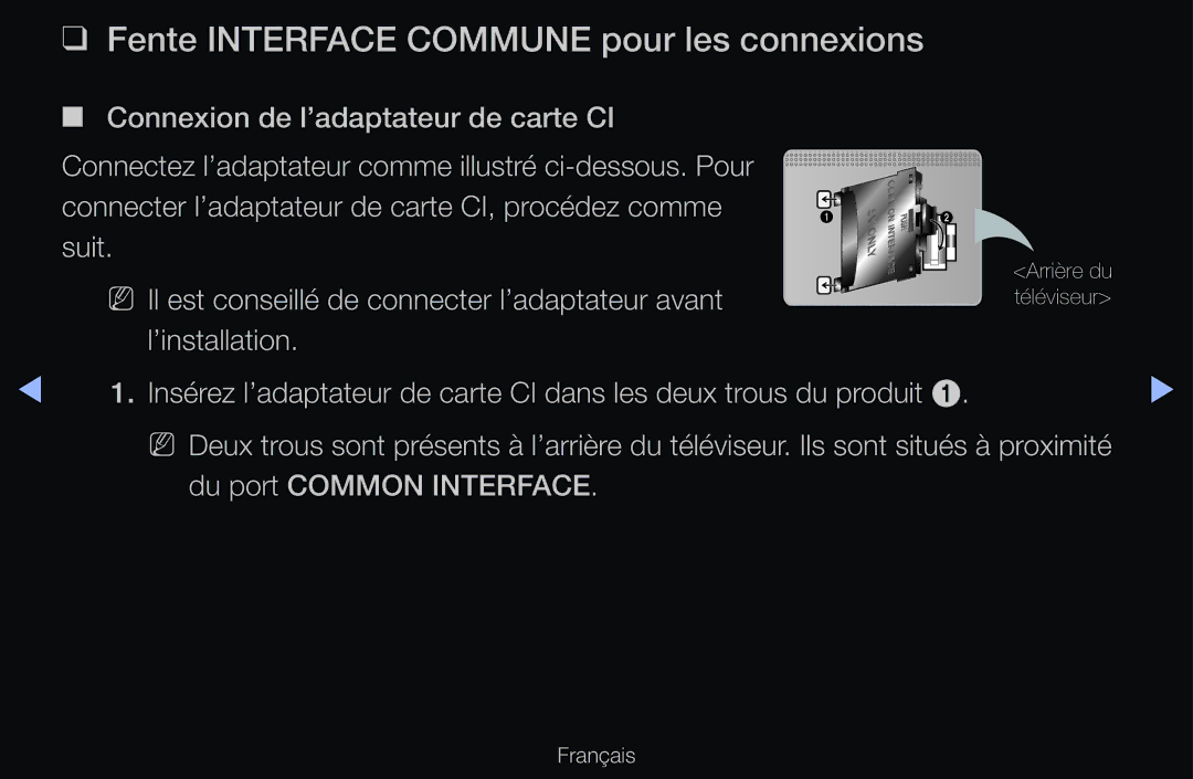 Samsung UE40D6300SSXZF, UE55D6200TSXZF manual Fente Interface Commune pour les connexions, Du port Common Interface 