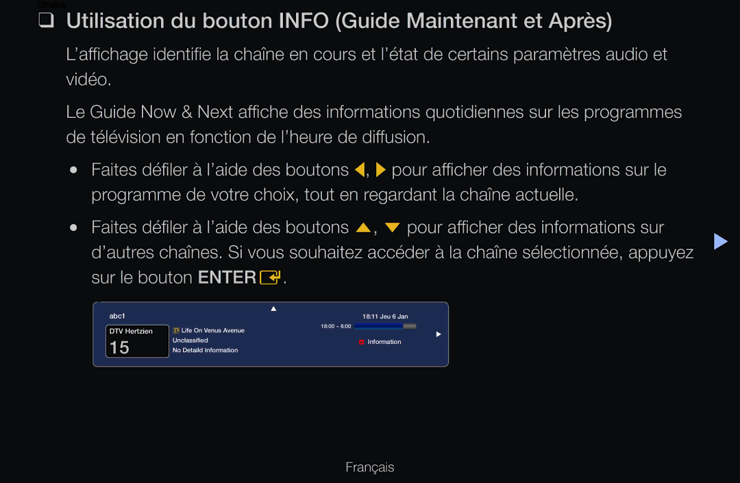 Samsung UE40D6510WSXZF, UE55D6200TSXZF manual Utilisation du bouton Info Guide Maintenant et Après, Sur le bouton Enter E 