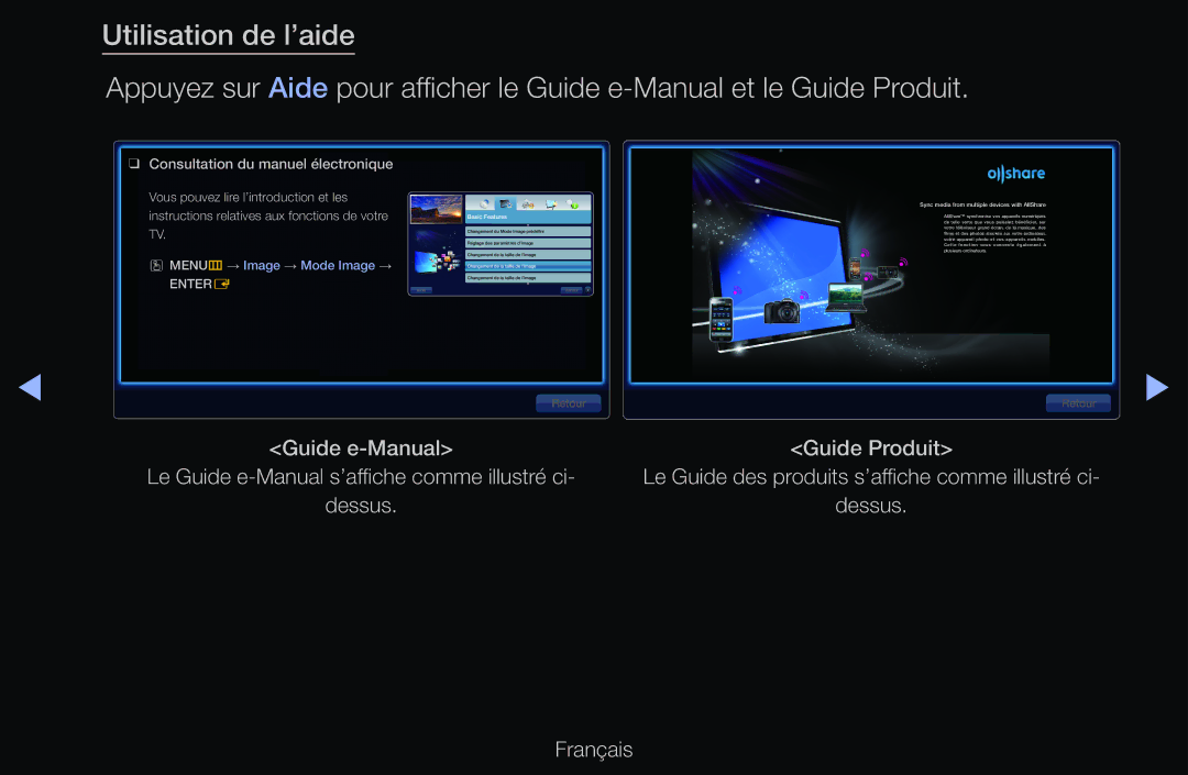 Samsung UE40D6200TSXZF, UE55D6200TSXZF, UE46D6200TSXZF, UE40D6530WSXZF, UE40D6510WSXZF Consultation du manuel électronique 