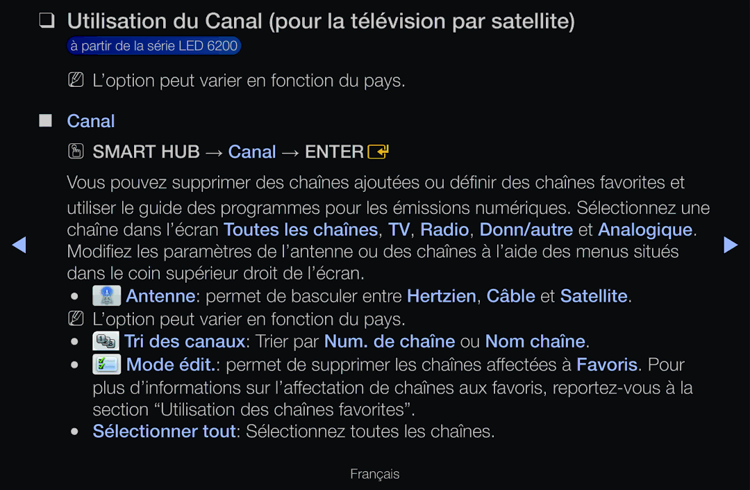 Samsung UE55D6750WQXZT Utilisation du Canal pour la télévision par satellite, NN L’option peut varier en fonction du pays 