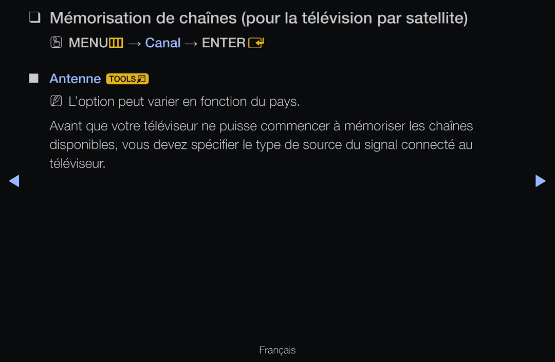 Samsung UE37D6200TSXZF, UE55D6200TSXZF Mémorisation de chaînes pour la télévision par satellite, OO MENUm → Canal → Entere 