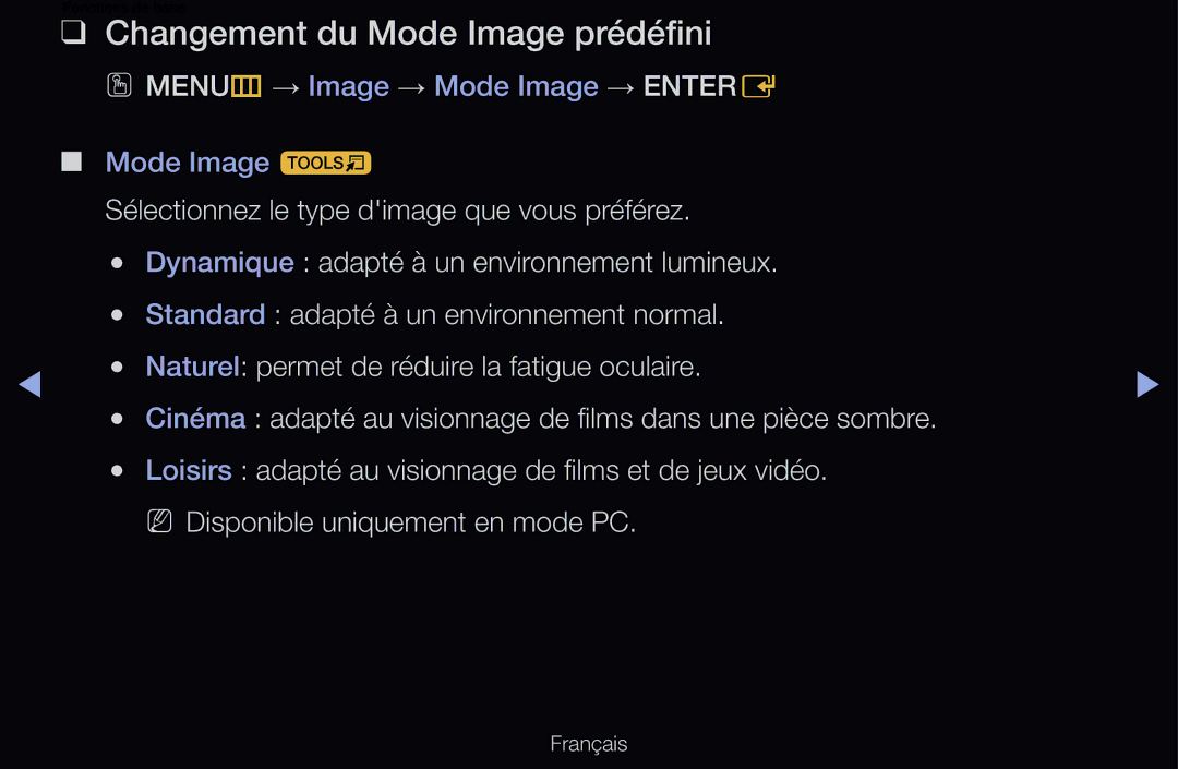 Samsung UE46D6570WSXZF, UE55D6200TSXZF, UE46D6200TSXZF, UE40D6530WSXZF, UE40D6510WSXZF Changement du Mode Image prédéfini 