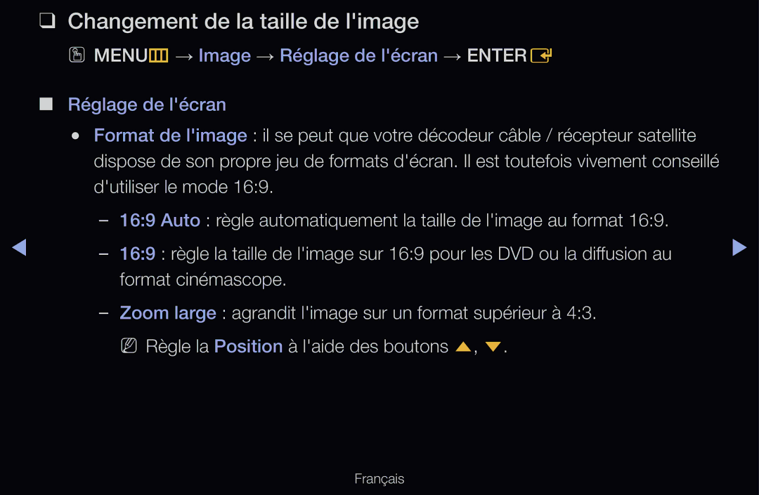 Samsung UE46D6540USXZF, UE55D6200TSXZF, UE46D6200TSXZF, UE40D6530WSXZF, UE40D6510WSXZF manual Changement de la taille de limage 