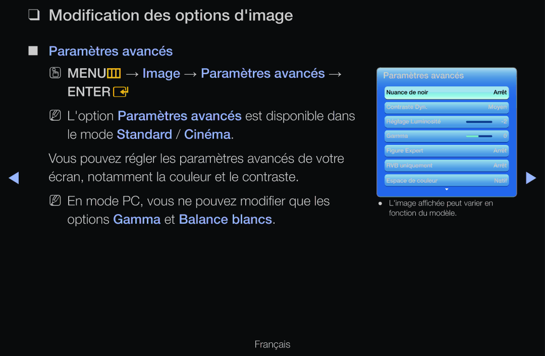 Samsung UE55D6530WSXZF, UE55D6200TSXZF, UE46D6200TSXZF, UE40D6530WSXZF Modification des options dimage, Paramètres avancés 