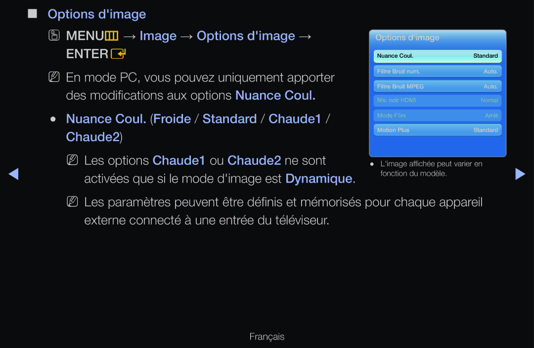 Samsung UE55D6750WQXZT manual NN En mode PC, vous pouvez uniquement apporter, Des modifications aux options Nuance Coul 