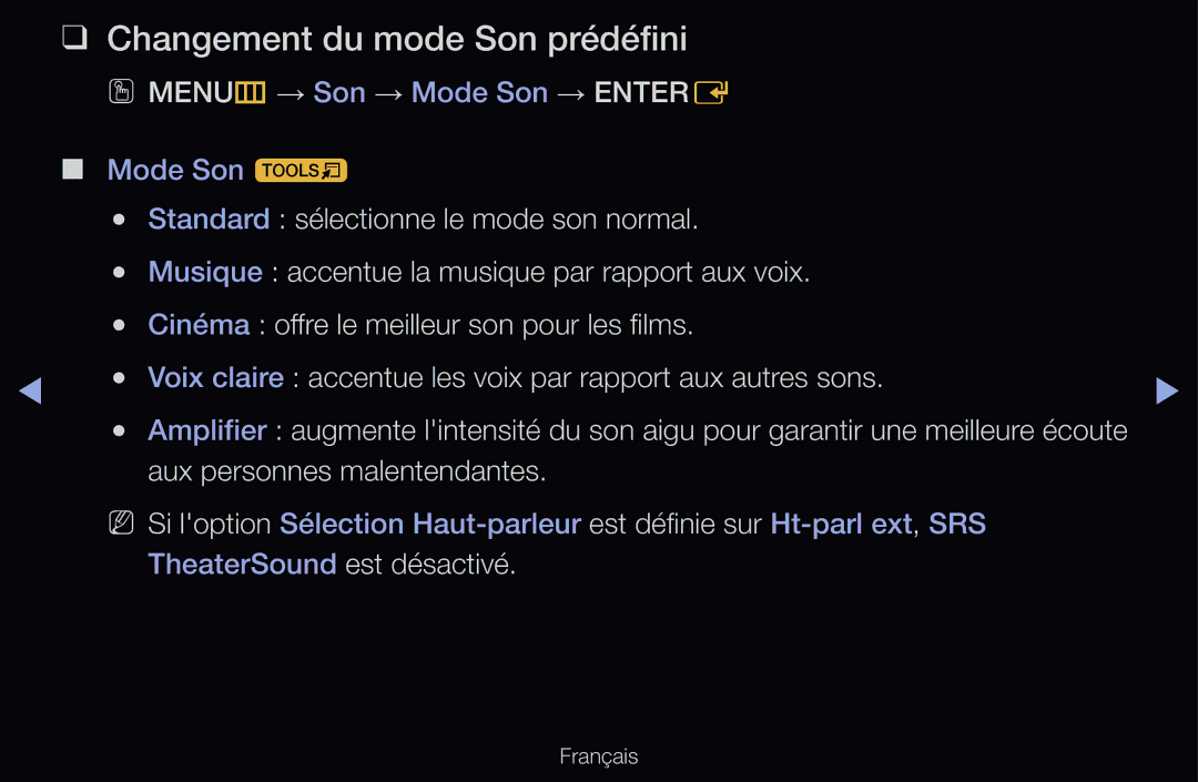 Samsung UE32D6500VQXZT Changement du mode Son prédéfini, OO MENUm → Son → Mode Son → Entere, Aux personnes malentendantes 