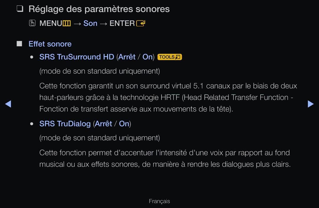 Samsung UE32D6500VHXXC manual Réglage des paramètres sonores, OO MENUm → Son → Entere, Mode de son standard uniquement 