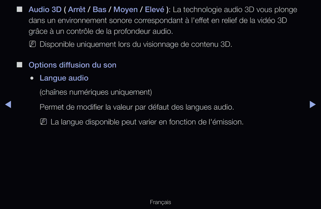 Samsung UE40D6300SSXZF, UE55D6200TSXZF, UE46D6200TSXZF, UE40D6530WSXZF, UE40D6510WSXZF Options diffusion du son Langue audio 