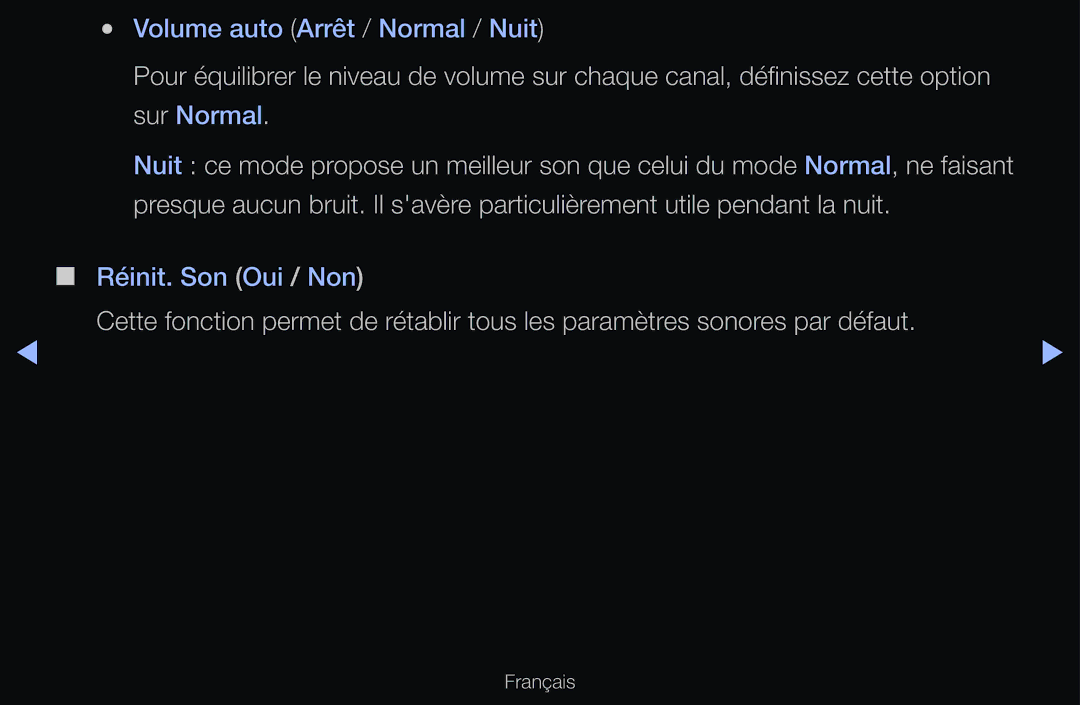 Samsung UE46D6200TSXZG, UE55D6200TSXZF, UE46D6200TSXZF, UE40D6530WSXZF, UE40D6510WSXZF manual Volume auto Arrêt / Normal / Nuit 