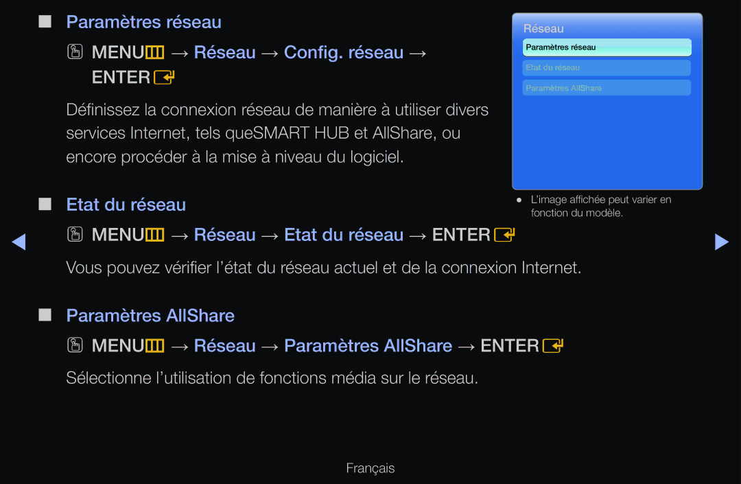 Samsung UE60D6500VSXZF, UE55D6200TSXZF, UE46D6200TSXZF manual Paramètres réseau OO MENUm → Réseau → Config. réseau → 