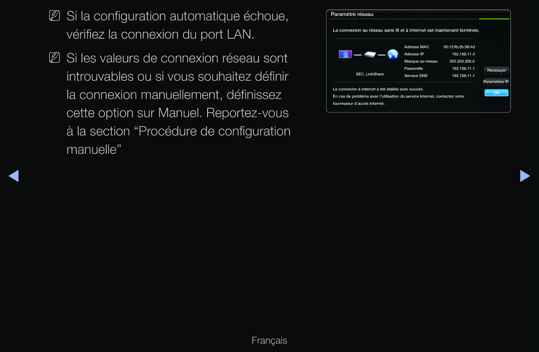 Samsung UE46D6530WSXZF, UE55D6200TSXZF, UE46D6200TSXZF, UE40D6530WSXZF manual La section Procédure de configuration manuelle 