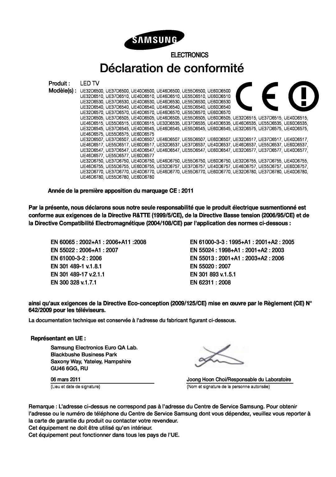 Samsung UE46D6200TSXZF manual Déclaration de conformité, Electronics, Année de la première apposition du marquage CE 