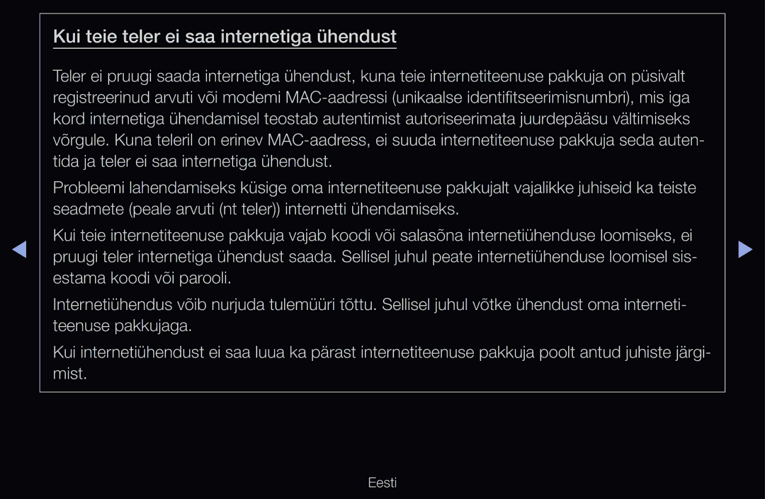 Samsung UE32D6500VSXXH, UE55D6200TSXZG, UE40D6200TSXZG, UE40D6000TWXXH manual Kui teie teler ei saa internetiga ühendust 