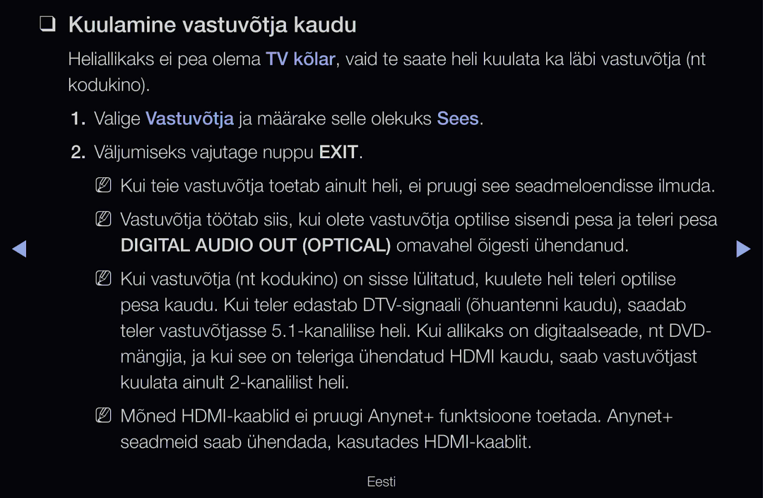 Samsung UE55D6500VSXXH, UE55D6200TSXZG, UE40D6200TSXZG, UE40D6000TWXXH, UE40D6500VSXXH manual Kuulamine vastuvõtja kaudu 