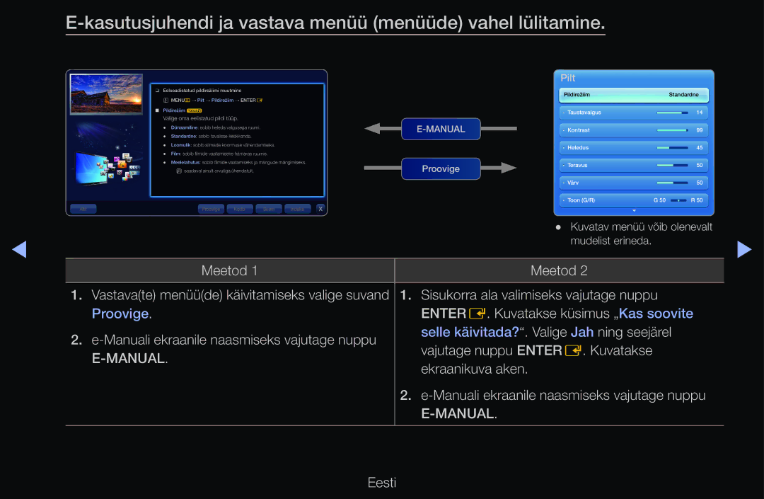 Samsung UE40D6200TSXZG manual Kasutusjuhendi ja vastava menüü menüüde vahel lülitamine, Valige oma eelistatud pildi tüüp 