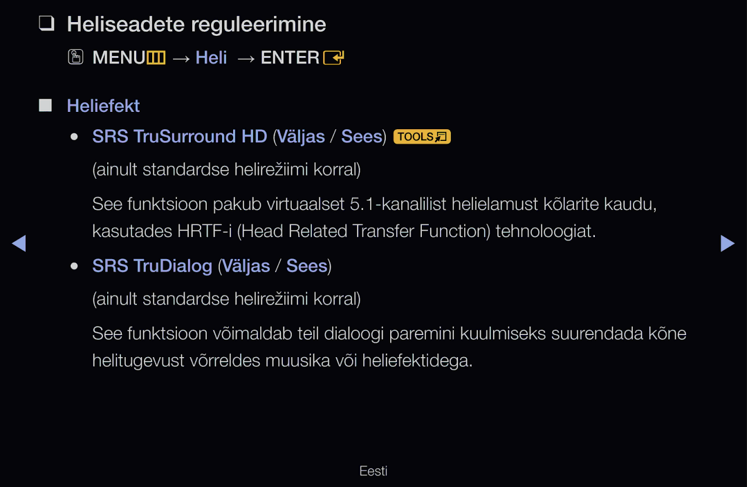 Samsung UE55D6200TSXZG manual Heliseadete reguleerimine, OO MENUm → Heli → Entere, Ainult standardse helirežiimi korral 