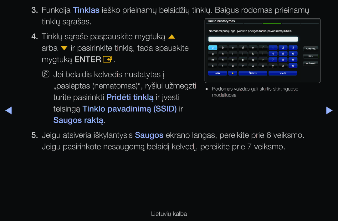 Samsung UE46D6510WSXZG, UE55D6200TSXZG, UE40D6200TSXZG, UE40D6000TWXXH manual Teisingą Tinklo pavadinimą Ssid ir Saugos raktą 