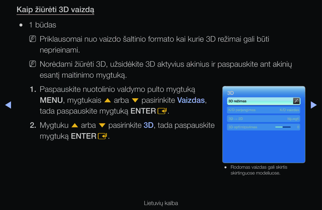 Samsung UE55D6100SWXXH, UE55D6200TSXZG, UE40D6200TSXZG, UE40D6000TWXXH, UE40D6500VSXXH manual 3D režimas Perjungimas Vaizdas 